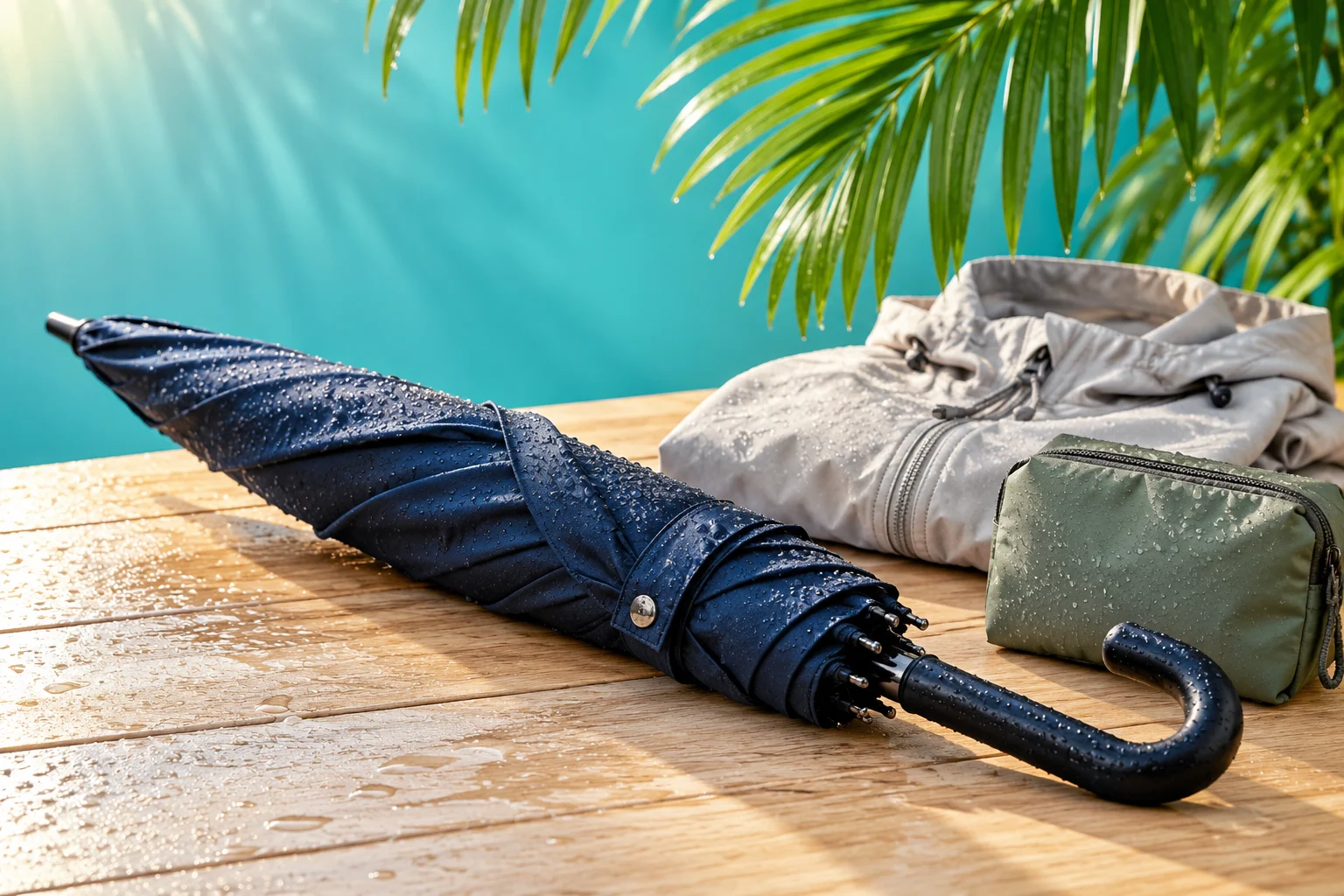 AI-generated editorial illustration of an umbrella, light jacket and travel pouch. Not a photograph of current weather, Cayo Levantado or a provider’s equipment.