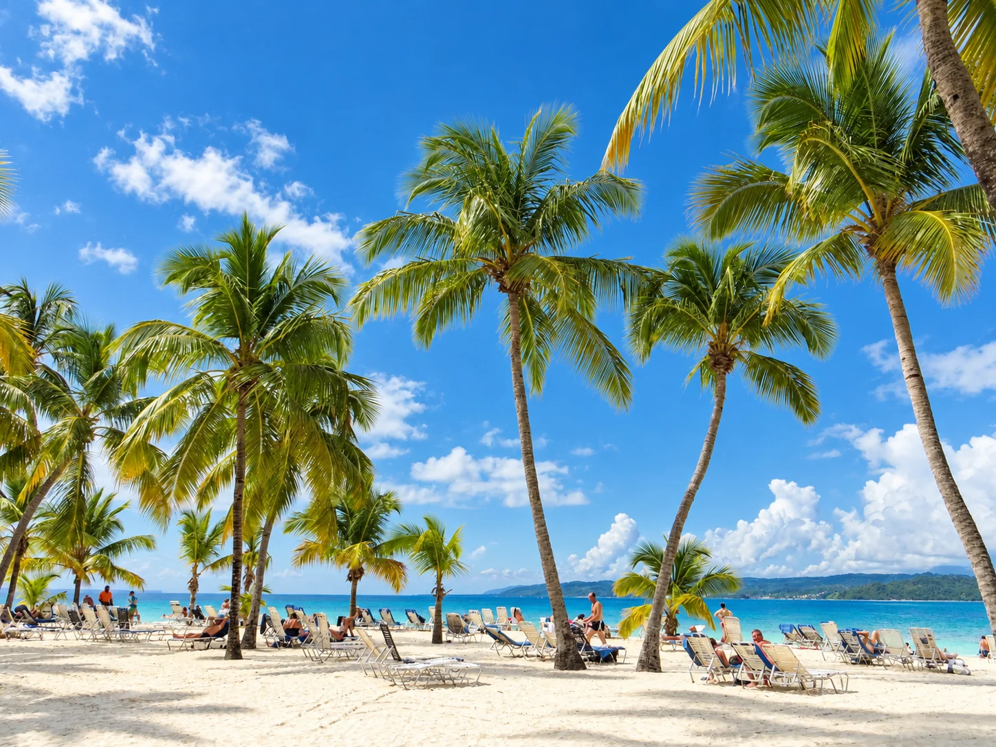 Coconut palms and beach loungers beside the sea — Cayo Levantado, AI-enhanced archival photograph