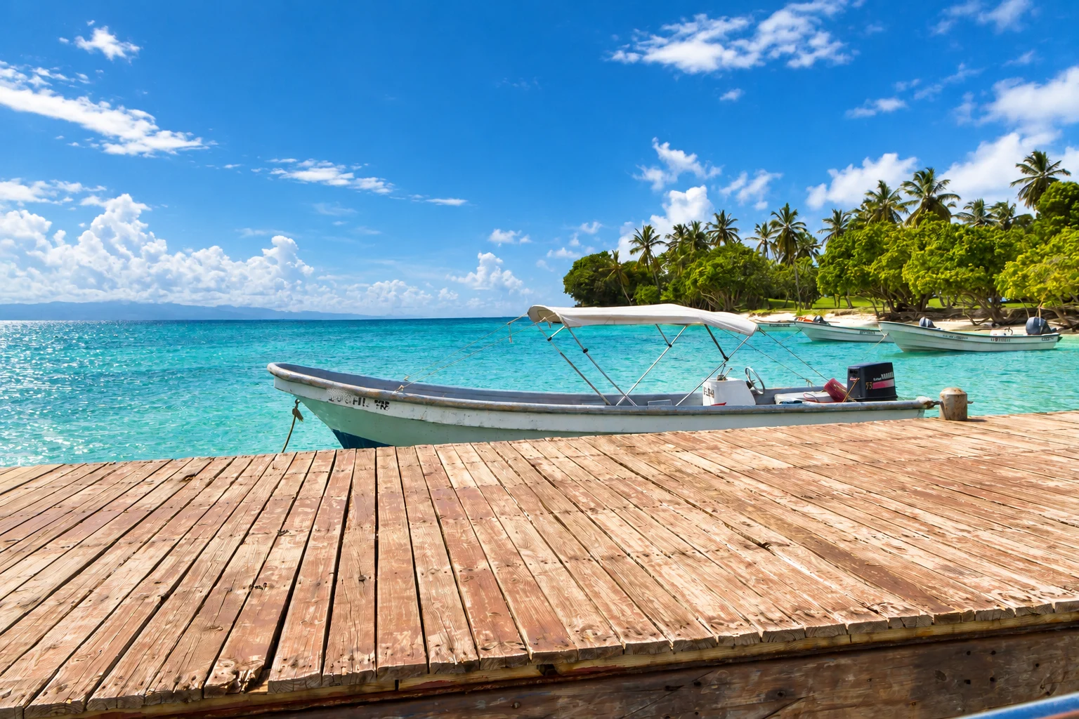 Wooden landing platform and a moored boat — Cayo Levantado, AI-enhanced archival photograph