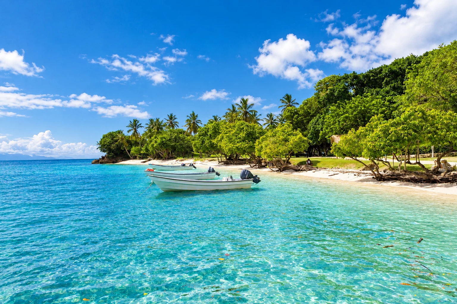 Boats resting beside the wooded shoreline — Cayo Levantado, AI-enhanced archival photograph