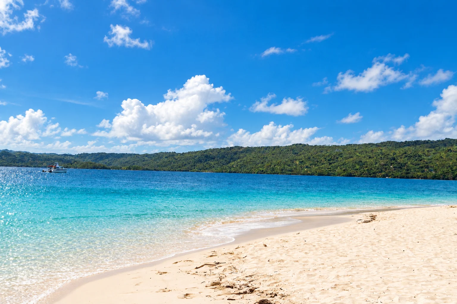 White-sand beach facing the Samaná mainland — Cayo Levantado, AI-enhanced archival photograph