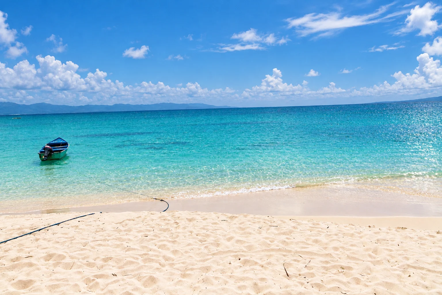 A small blue boat beside the sandy beach — Cayo Levantado, AI-enhanced archival photograph