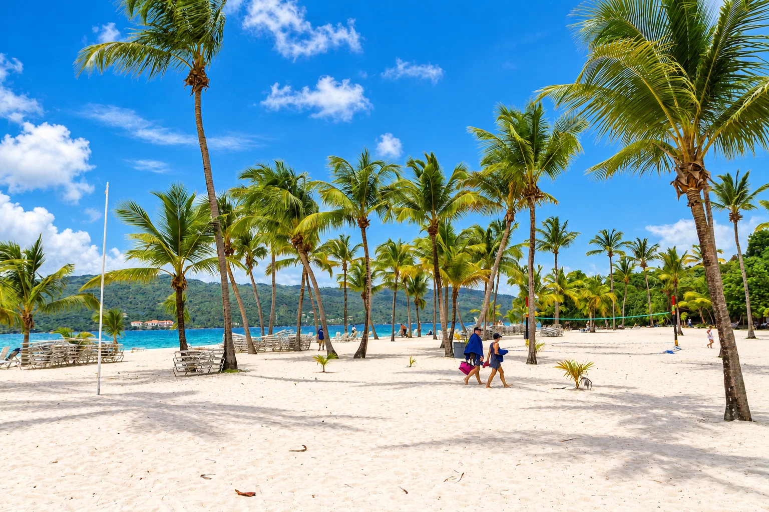 Coconut palms across an open sandy beach — Cayo Levantado, AI-enhanced archival photograph