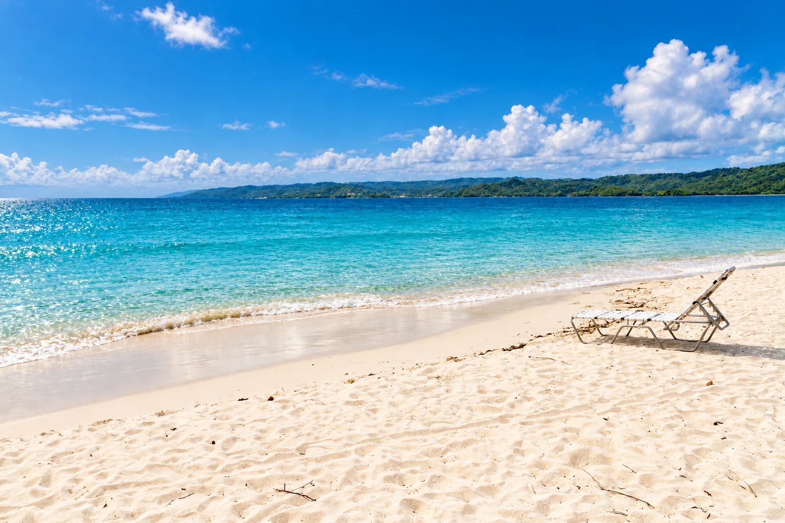 A beach lounger facing Samaná Bay — Cayo Levantado, AI-enhanced archival photograph