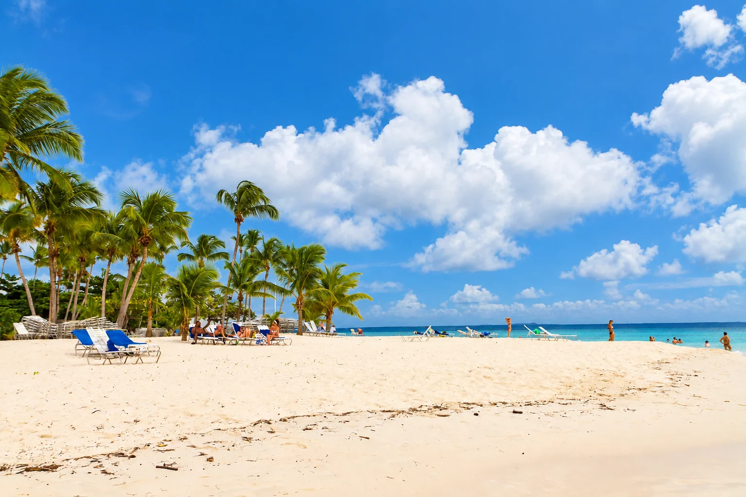 Palm trees and loungers across a broad sandy beach — Cayo Levantado, AI-enhanced archival photograph
