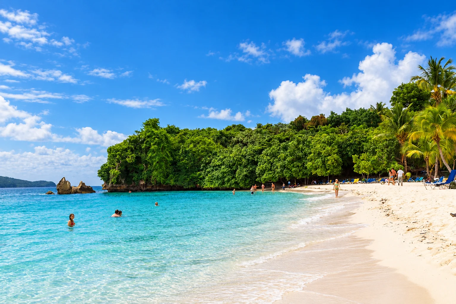A sandy cove beside the wooded rocky shoreline — Cayo Levantado, AI-enhanced archival photograph