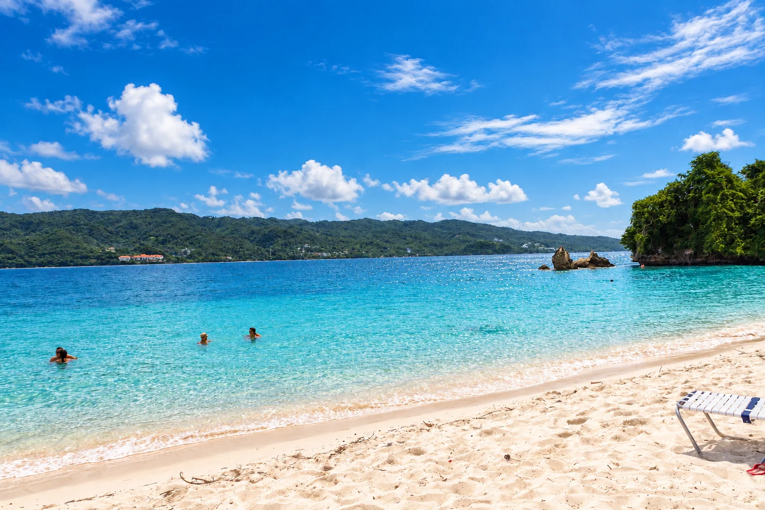 A beach view across the bay toward mainland hills — Cayo Levantado, AI-enhanced archival photograph
