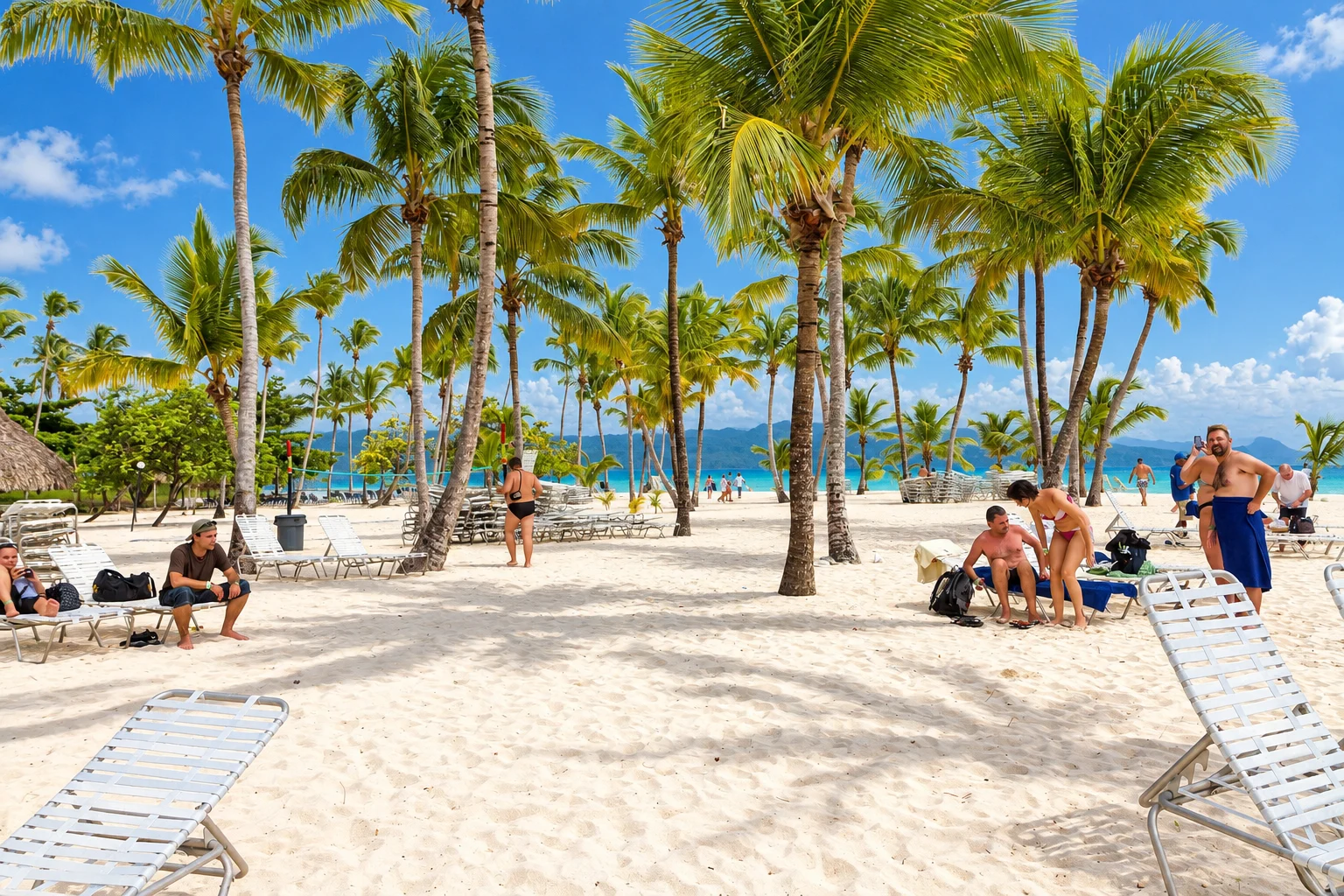 Palm shade and beach loungers — Cayo Levantado, AI-enhanced archival photograph