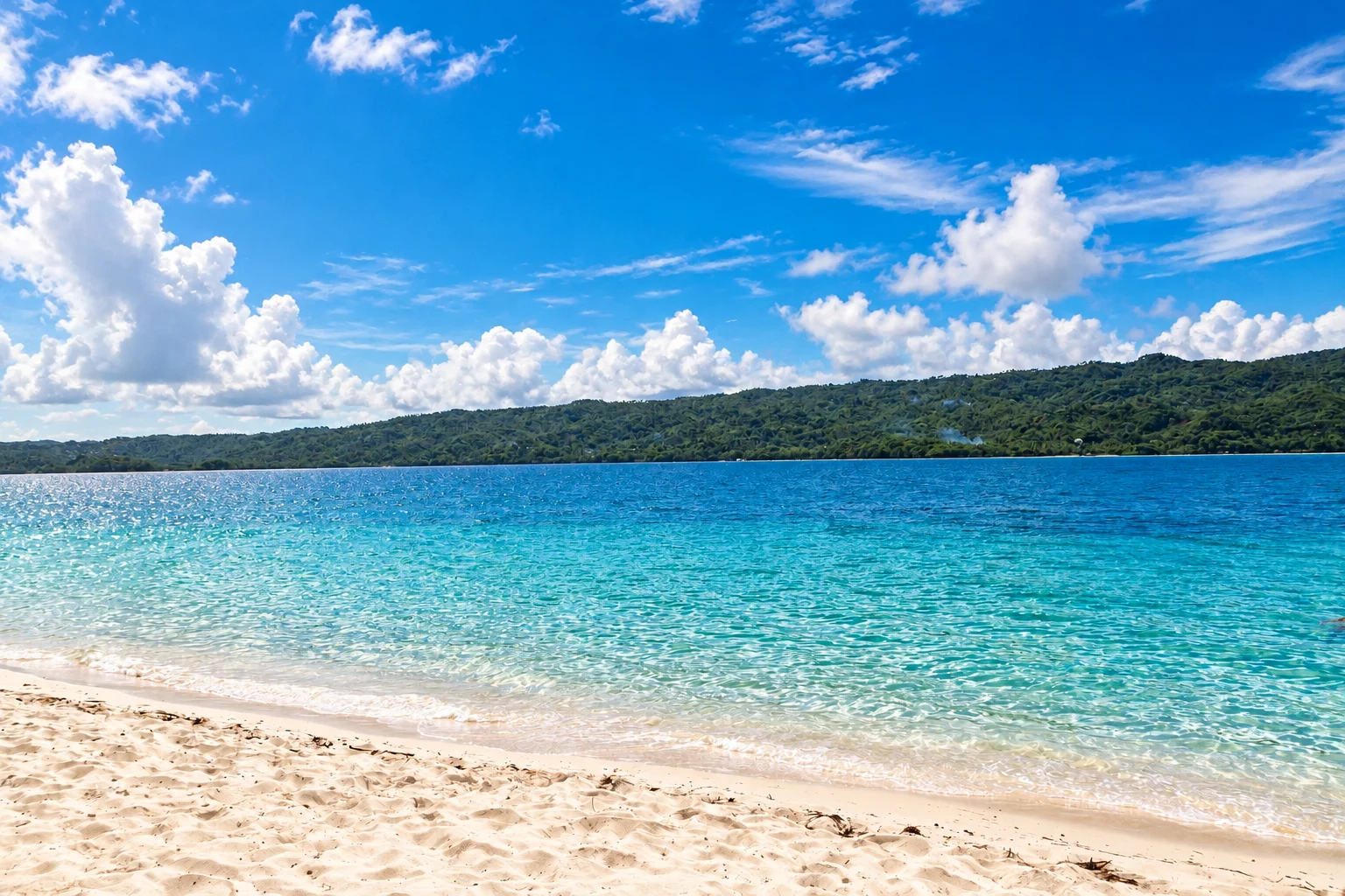 White sand and turquoise water facing the mainland — Cayo Levantado, AI-enhanced archival photograph