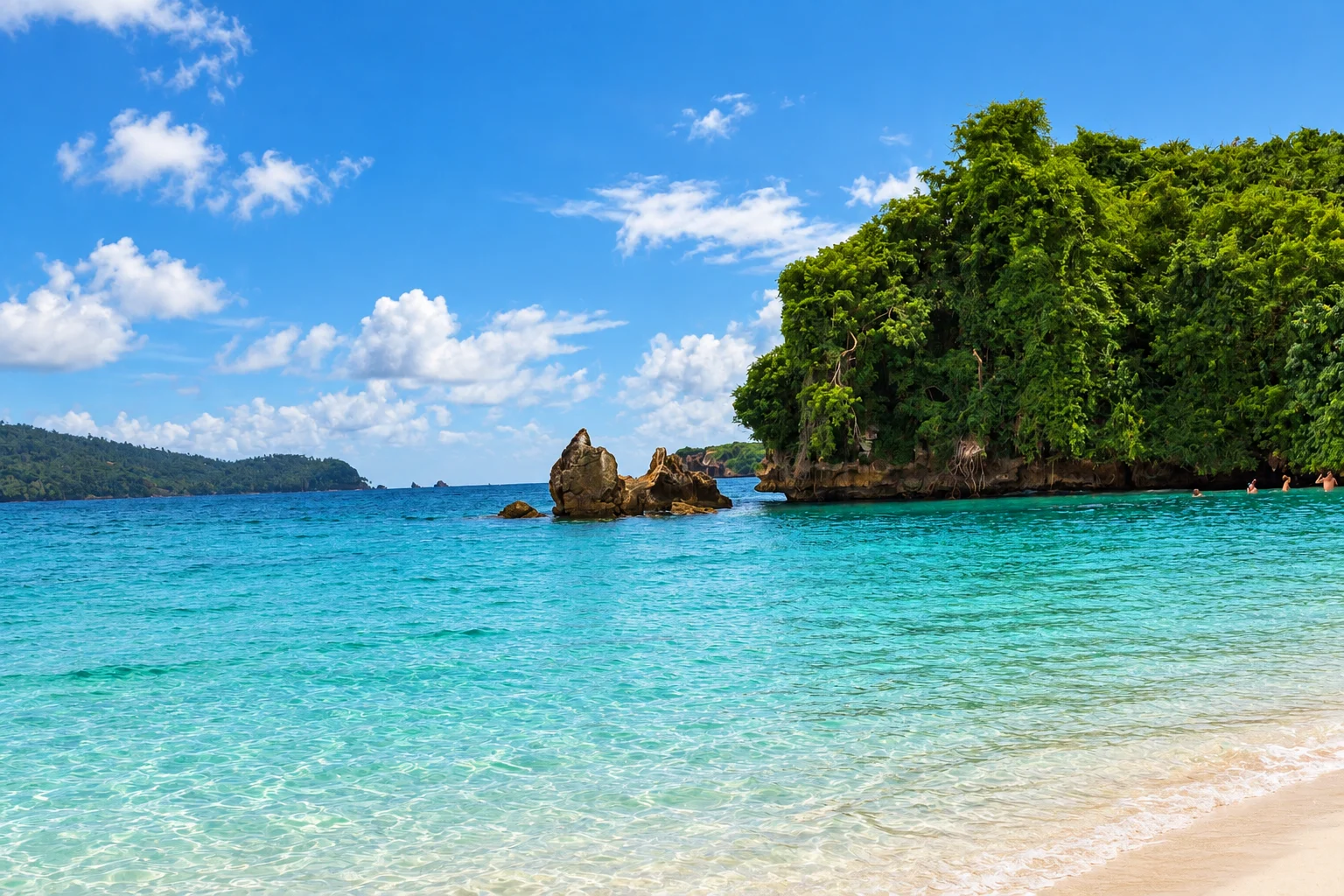 Distinctive coastal rocks beside the wooded cove — Cayo Levantado, AI-enhanced archival photograph