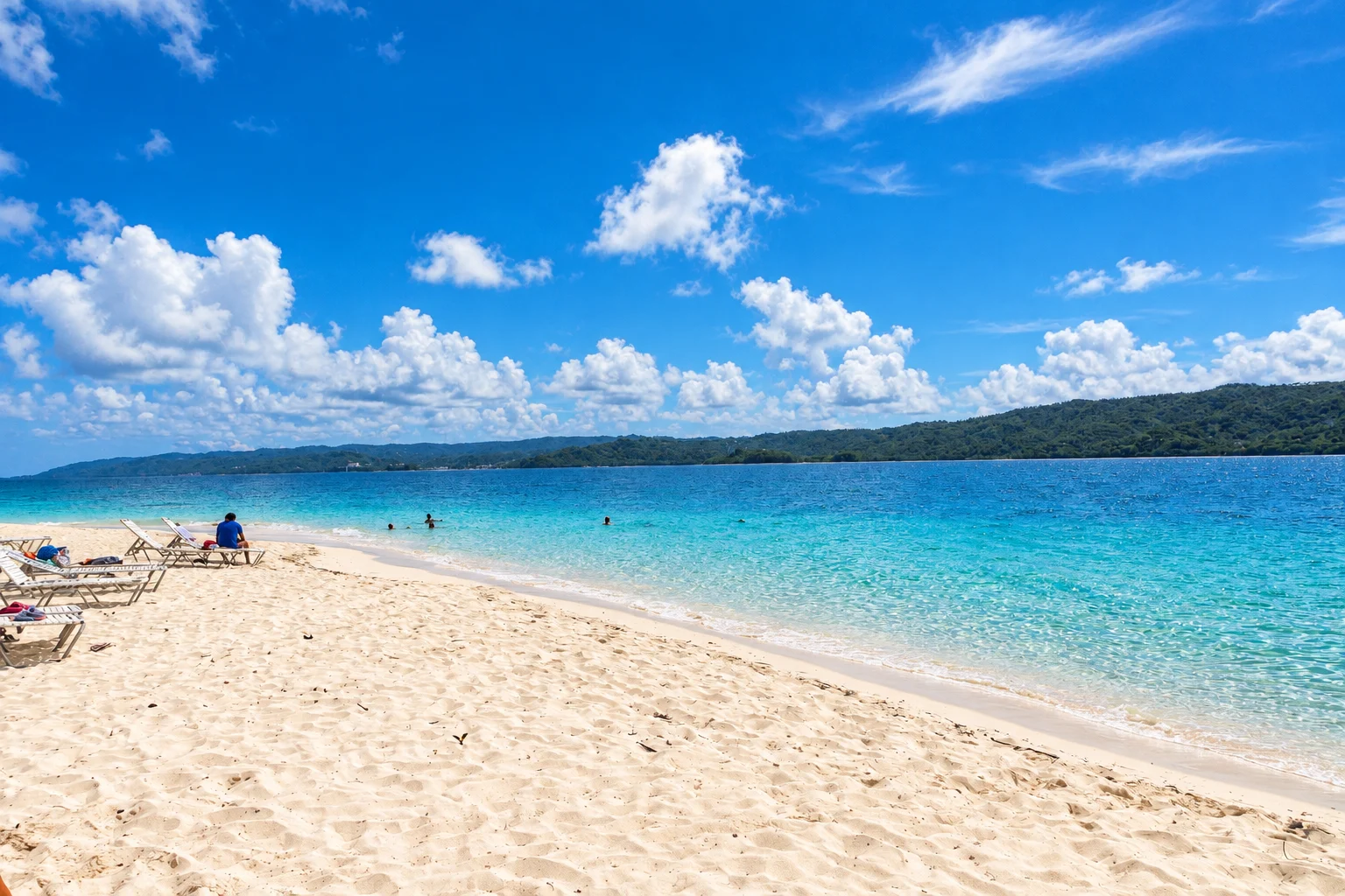 The curving beach with loungers and swimmers — Cayo Levantado, AI-enhanced archival photograph