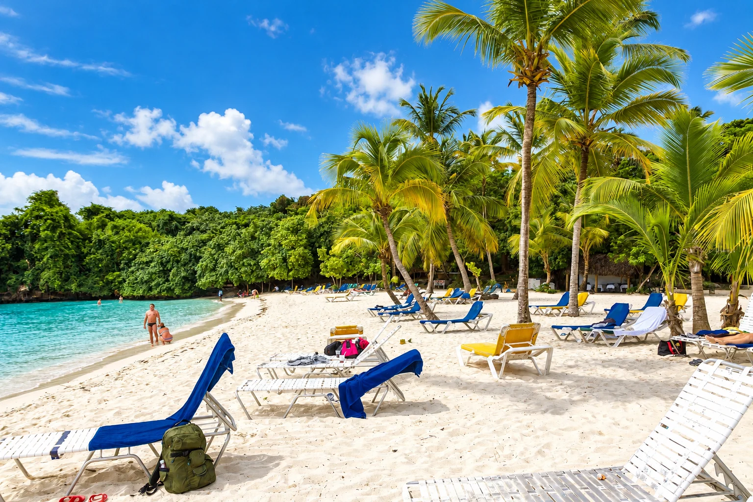 Blue beach loungers beside coconut palms — Cayo Levantado, AI-enhanced archival photograph