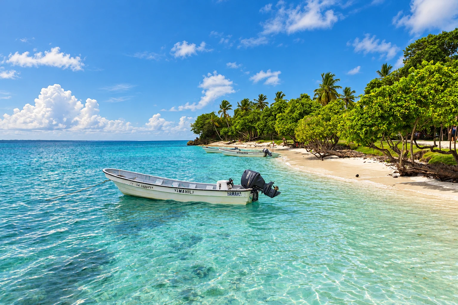 A moored boat beside the tree-lined shore — Cayo Levantado, AI-enhanced archival photograph