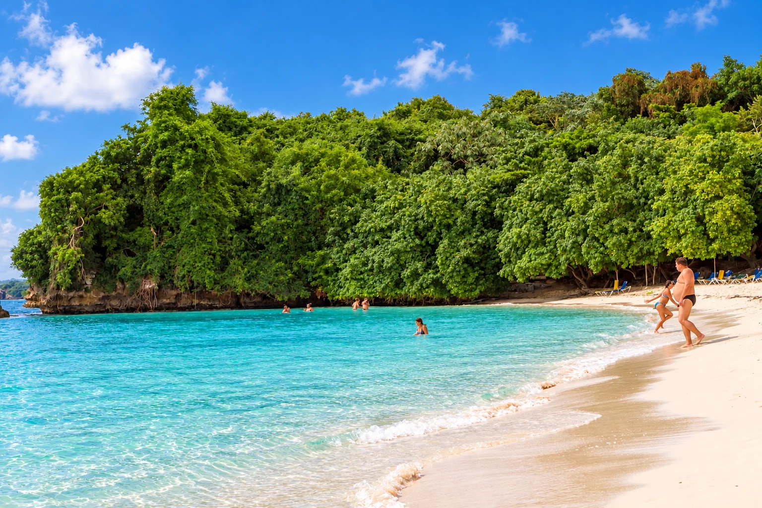 Swimmers beside the wooded beach cove — Cayo Levantado, AI-enhanced archival photograph