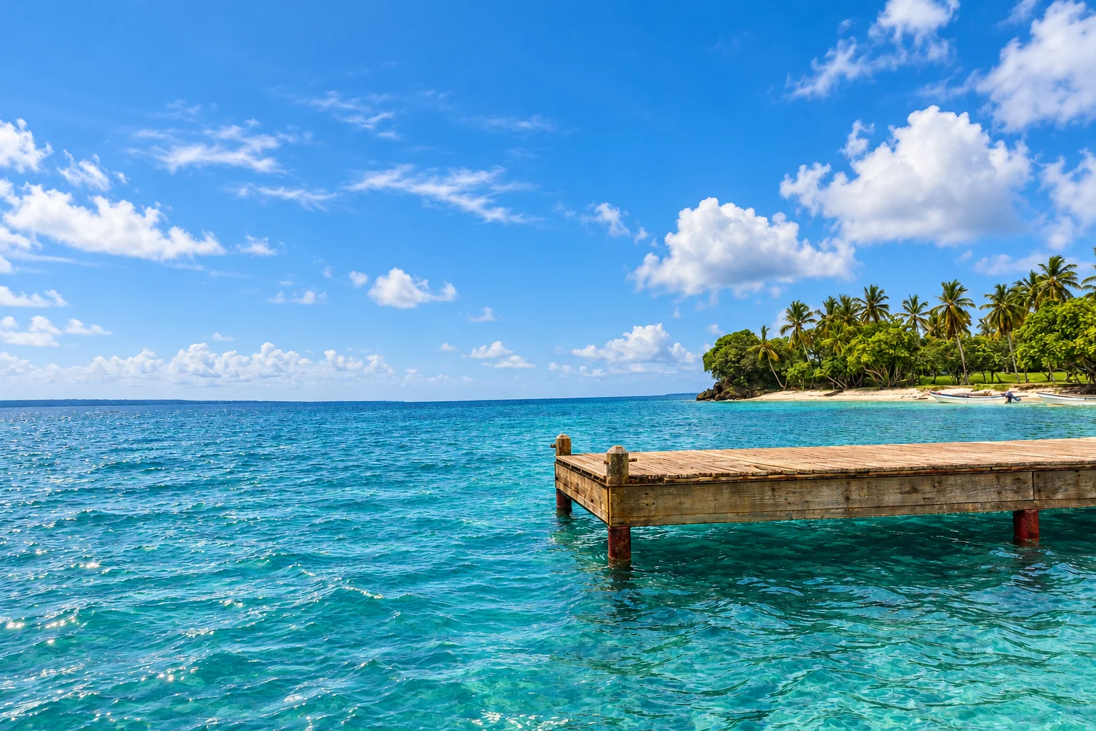A wooden landing platform facing the bay — Cayo Levantado, AI-enhanced archival photograph