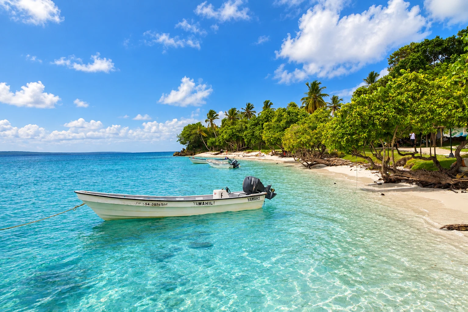 A local boat in clear water beside shoreline trees — Cayo Levantado, AI-enhanced archival photograph